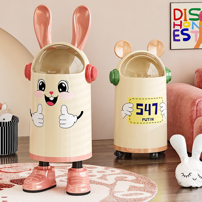 Carefully Selected High-Looking Rabbit Ears Double Bucket with Lid Sliding Kitchen Living Room Internet Celebrity Creative Cartoon Household Flip-Top Trash Can