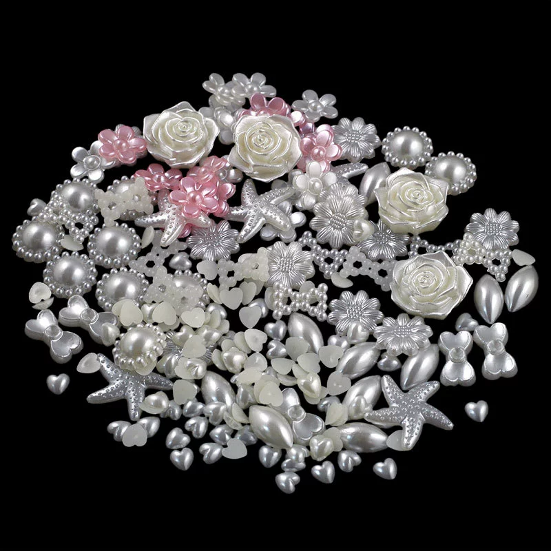 Flat‑Back Pearl Beads Set, Mixed Shapes 2–12 mm, Milky‑white & Peach Assortment