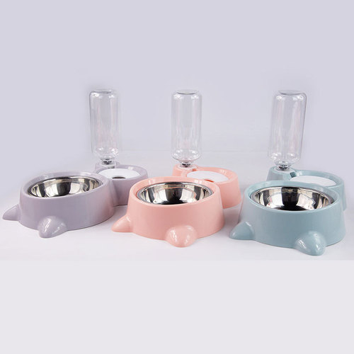 Dog Bowl Stainless Steel Pet Bowl Dual Bowl British Shorthair Cat Bowl Automatic Water Feeder and Feeder Combo No Wet Lips Prevent Black Mustache