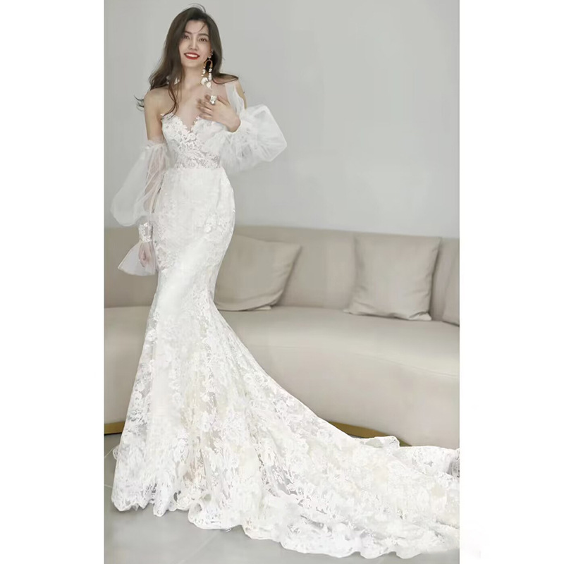 Vestido de boda ligero de encaje de cola de pescado francés vintage césped de la boda del pecho de la novia vestido de boda mujer