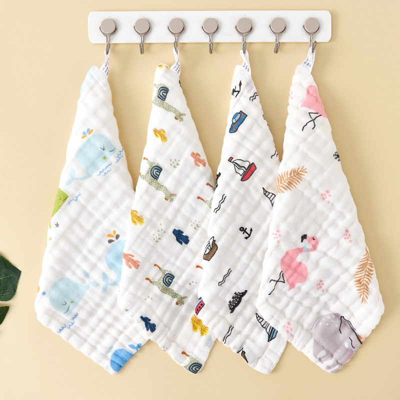 Children's Baby Seersucker Square Scarf Children's Printed Face Scarf Newborn Children's Cartoon Gauze Hand Scarf