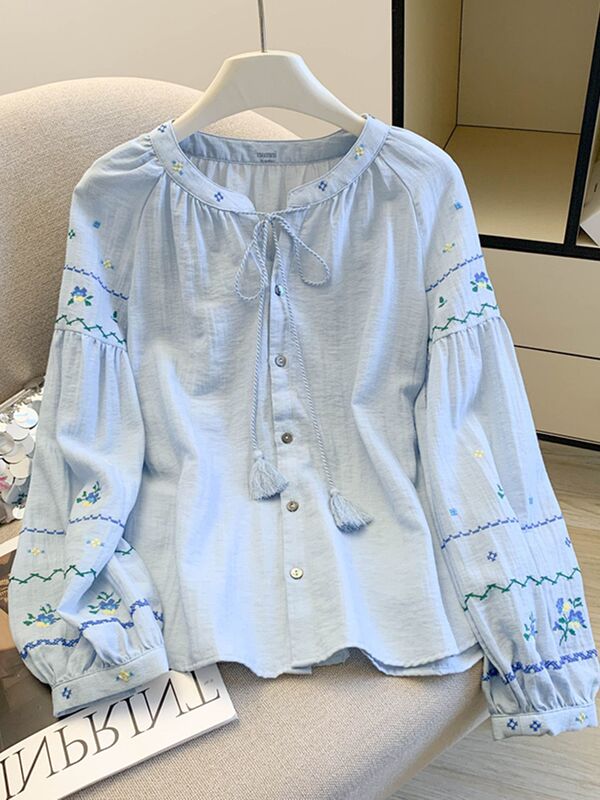 2026 Spring New Style Round Neck Tie Long-Sleeve Shirt, Gentle Style, Slimming Embroidered Shirt, Lantern Sleeve Top