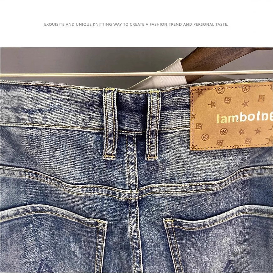Slim Fit Printed Cropped Jeans For Men Distressed Patched High End Design Blue Low Waist With Slight Stretch From European Brand_voghion.com