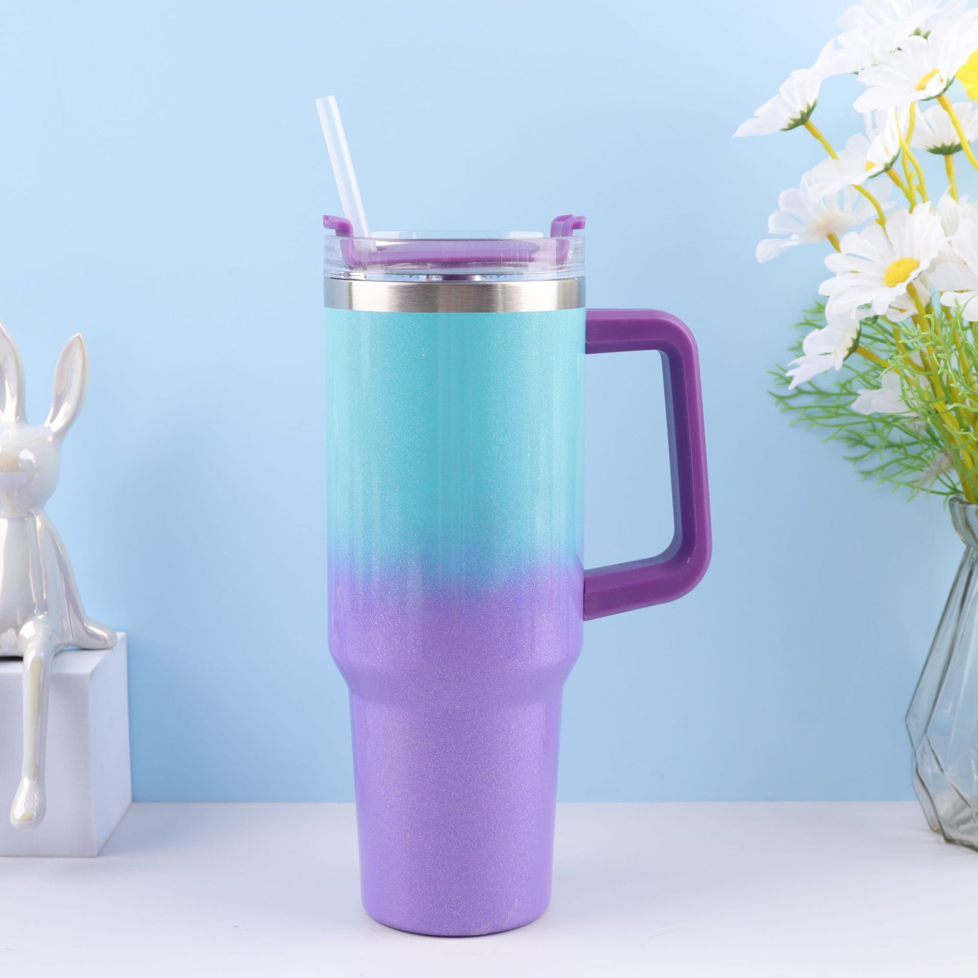 Cross-border 304 pintura del arco iris de acero inoxidable 40Oz Taza del coche paja gradiente hielo escudo Copa montado en el coche de gran capacidad termo taza