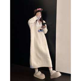 简约慵懒大码酷猫半边绒睡裙女冬季2025新款加厚中长款家居服睡衣