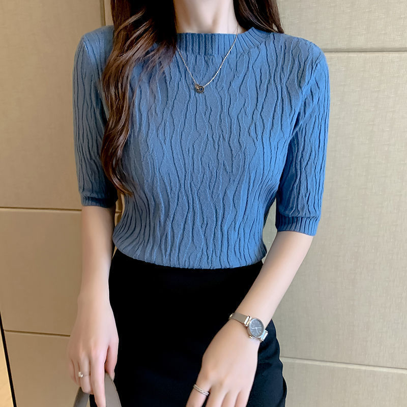 中袖打底衫毛衣女秋季新款半高领洋气修身短款上衣内搭短袖针织衫|undefined