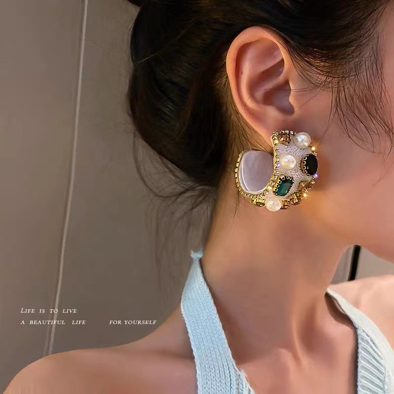 Super Fairy 925 Silver Needle C-shaped Colored Diamond Earrings Niche Design All-match Earrings Personality Sweet And Cool Korean Version Earrings For Women