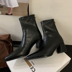 尖头短靴女2025秋冬季女靴新款粗跟靴子高跟鞋瘦瘦靴小众短筒靴女