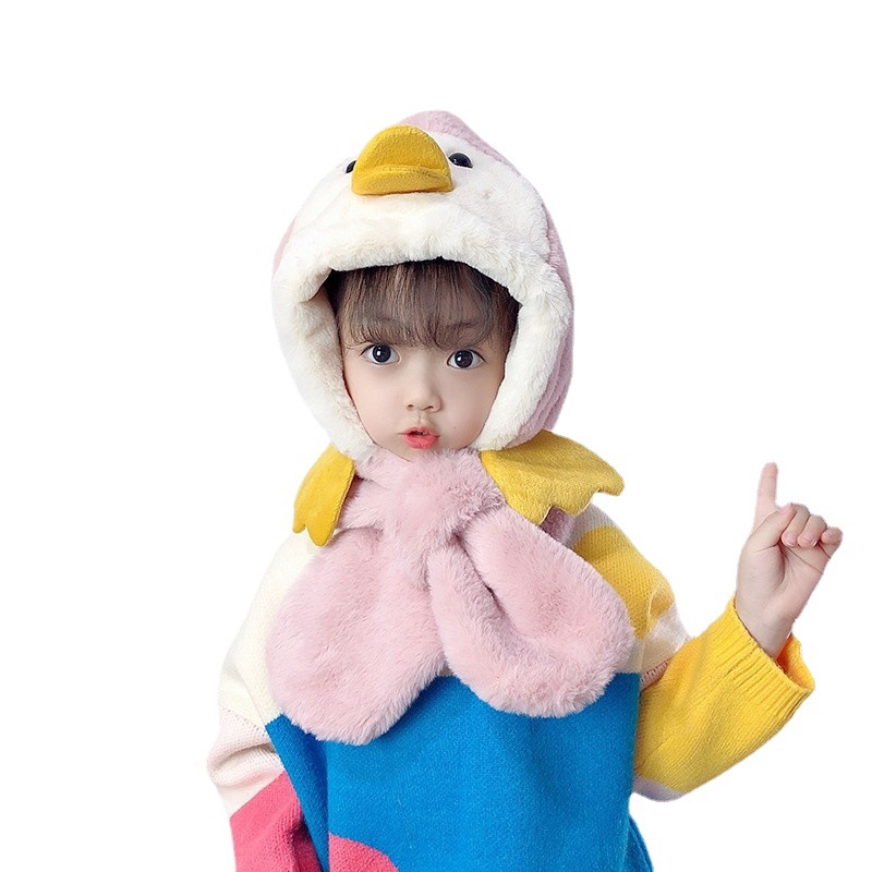 秋冬新款儿童帽子围巾一体两件套小黄鸭保暖护耳毛绒帽子围脖连体