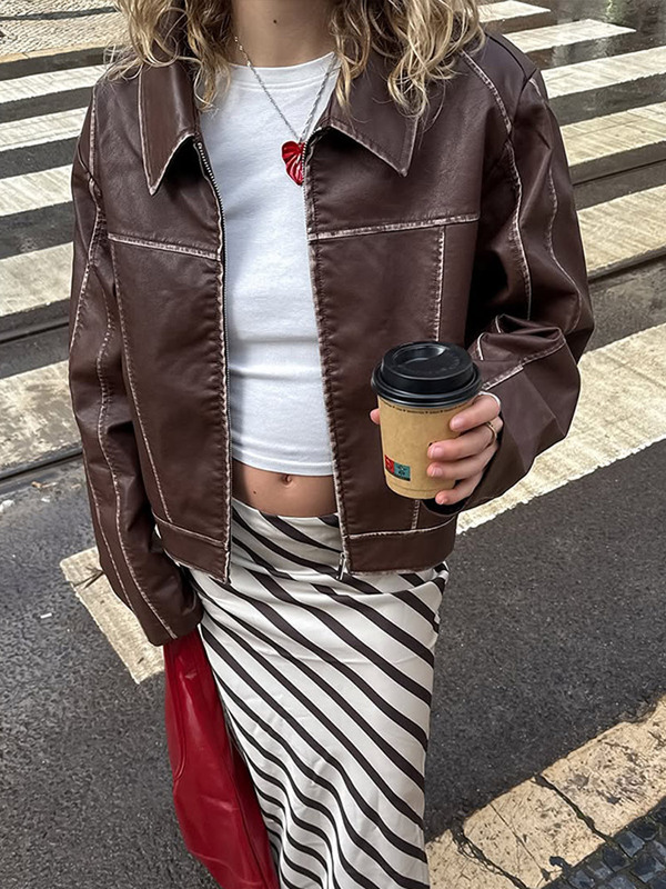 个性街头风时尚纯色翻领长袖夹克外套女2025早秋新款跨境欧美风|undefined