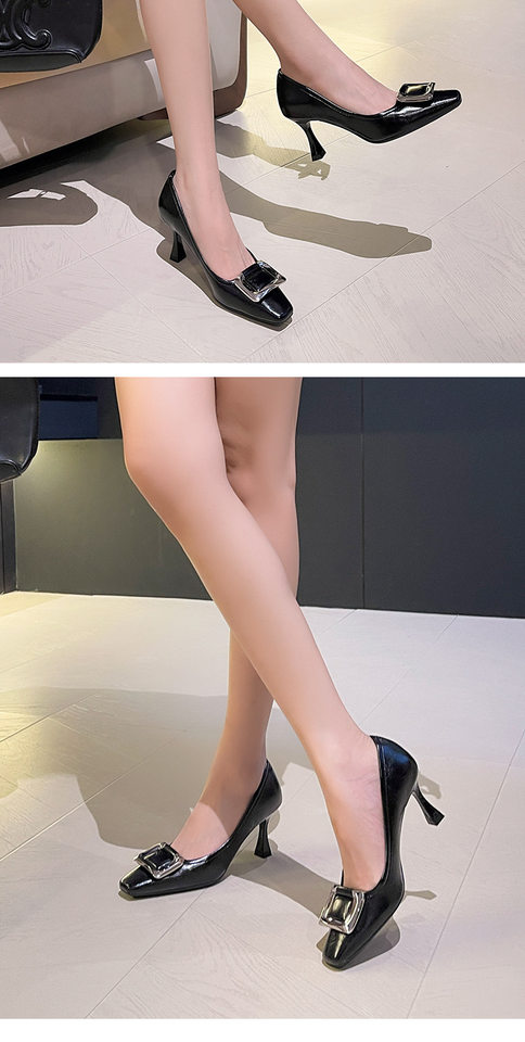 Giày cao gót nữ mũi vuông khóa vuông gót mảnh 6–8 cm — Màu trắng nhạt, Rượu vang đỏ, màu đen chi tiết 13