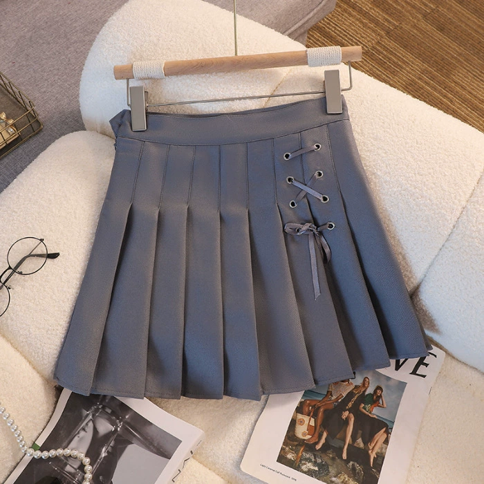 Summer pleated skirt, belt, protective underware, Korean style, high waist, A-line
