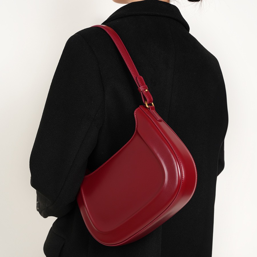 Retro Saddle Bag Red Wedding Bag 2026 Genuine Leather Women's Shoulder Crossbody Bag Fashion Commuter Texture Handbag - Thumbnail 2