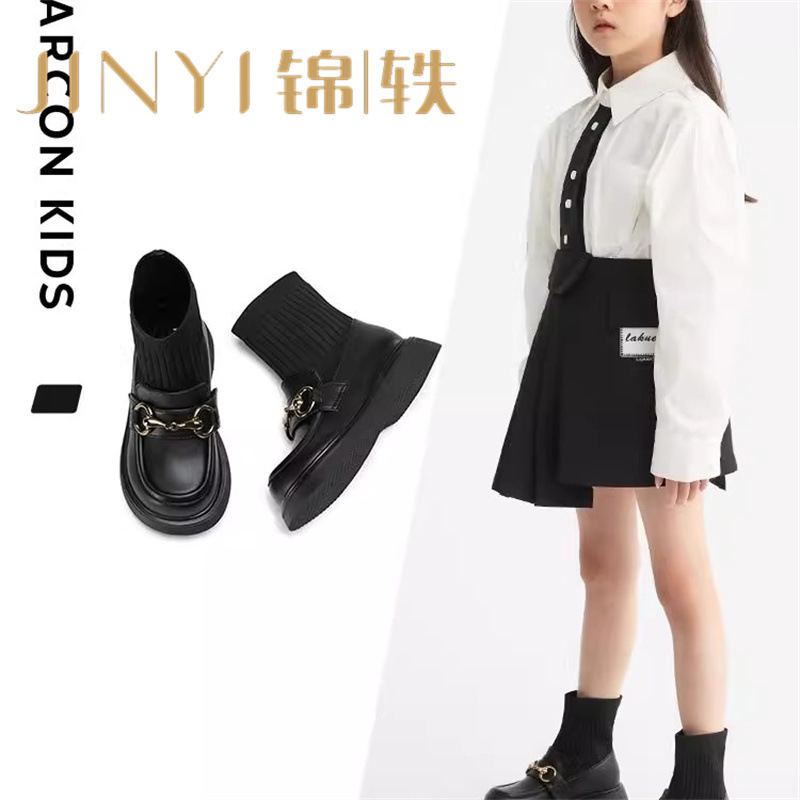 女童真皮2025秋冬新款中大童儿童韩版黑色毛线口弹力袜短靴马丁靴