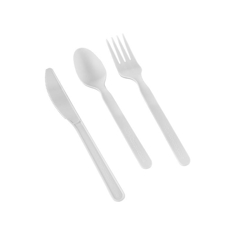 Cuchara blanca de cuchillo, tenedor y cuchara de ácido poliláctico CPLA personalizada, fábrica de origen de vajilla totalmente degradable desechable al por mayor
