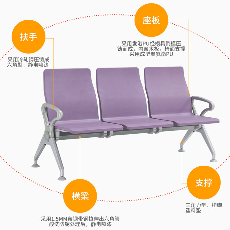 Fábrica de asiento duro de la PU Silla de fila de tablero trasero viga hexagonal SILLA DE espera asiento de hotel Jianyang Silla de hospital moderna