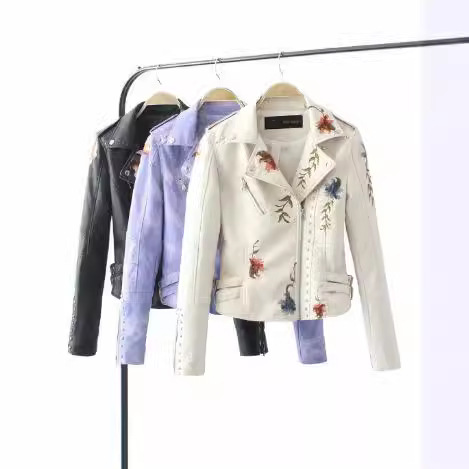 2023 spring new AliExpress Amazon cross-border embroidery rivet PU leather women's embroidery machine car jacket