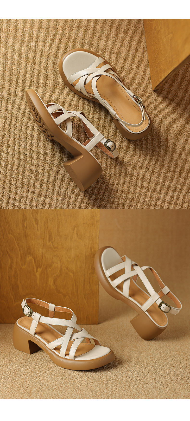 Sandal nữ quai ngang da bò đế xuồng gót cao phong cách La Mã — nâu chi tiết 16