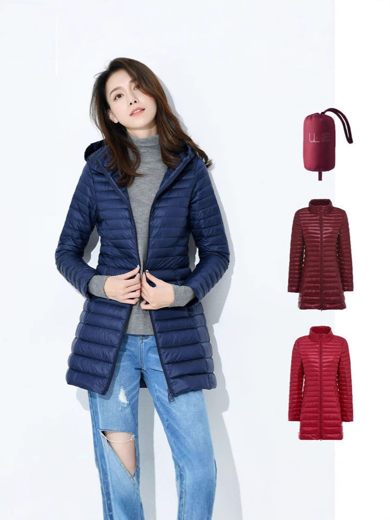 Chaqueta de plumón de invierno de mujer nueva media larga ligera de estilo blanco de la piel de seda temperamento más grueso calentamiento delgado estilo coreano delgado