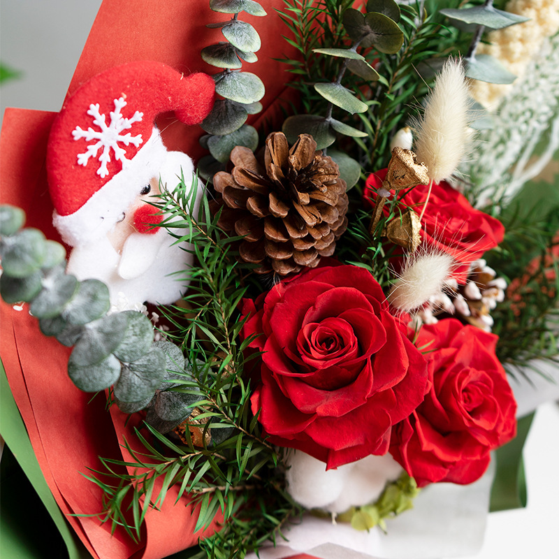 Rosa Eterna Navideña, Oso de Peluche, Ramo de Flores Terminado, Regalo para Novia o Mejor Amiga, Regalo Navideño Hecho a Mano