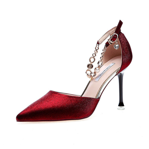 Pointed-toe high-heeled shoes for women  summer new style hollow sandals stiletto burgundy single shoes one-line buckle high-heeled sandals