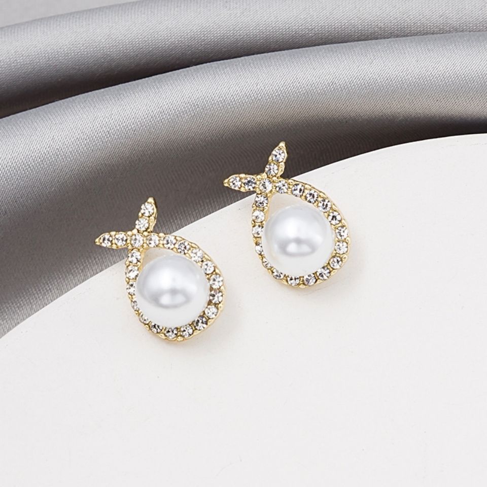 Retro Water Drop Cross Pearl Full Diamond Earrings display picture 5