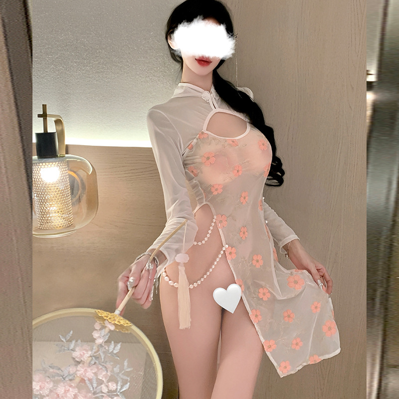 화이트 핑크 플라워 [치파오+속옷 포함]