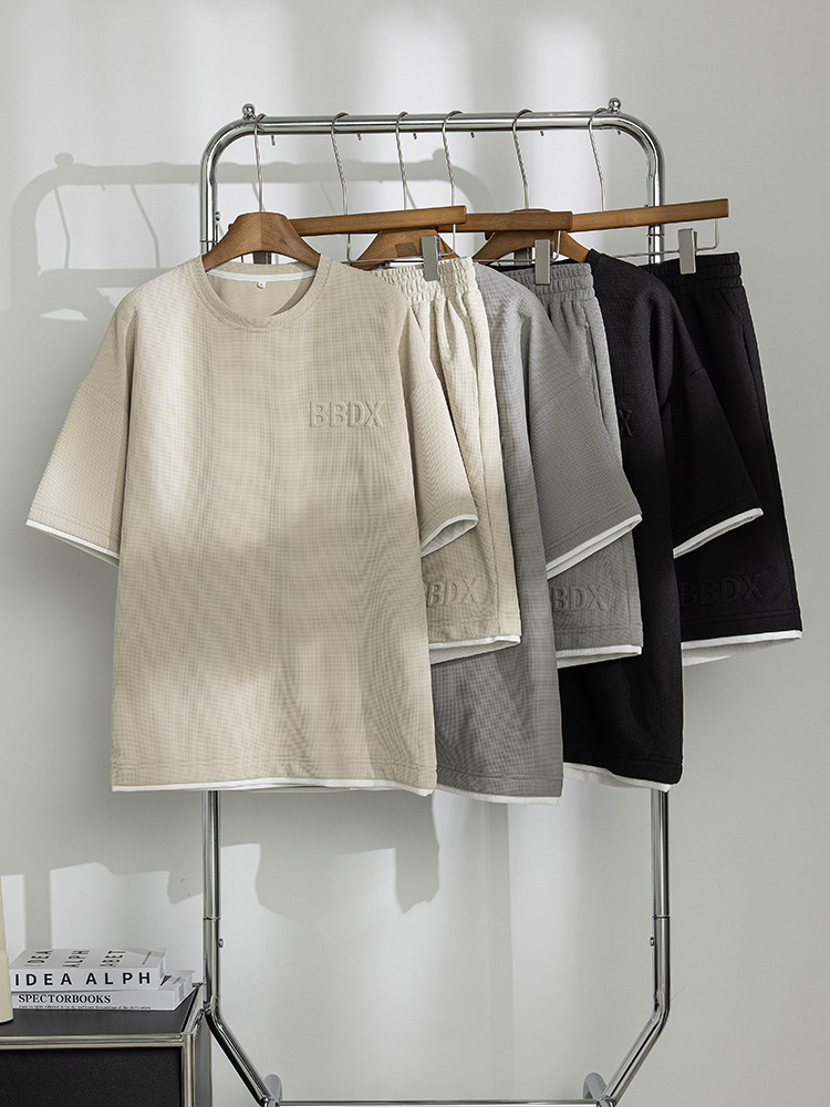 Conjunto de Verano 2025 de Punto Waffle para Hombre, Talla Grande, Casual, de Manga Corta, Moderno, Transpirable, Versátil, Elegante, Holgado y Sencillo.