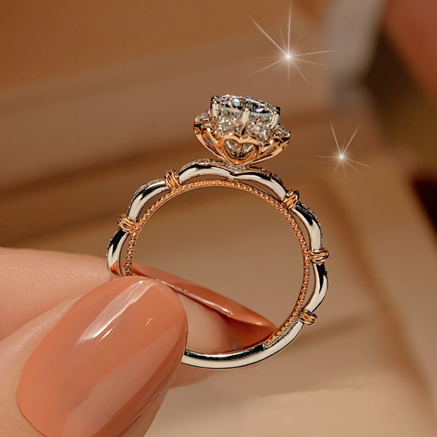 New Double Color 1 karat Flower Bud Imitation Diamond Ring Simple Rose Gold Hollow Ripple Women's Wedding Ring Decoration