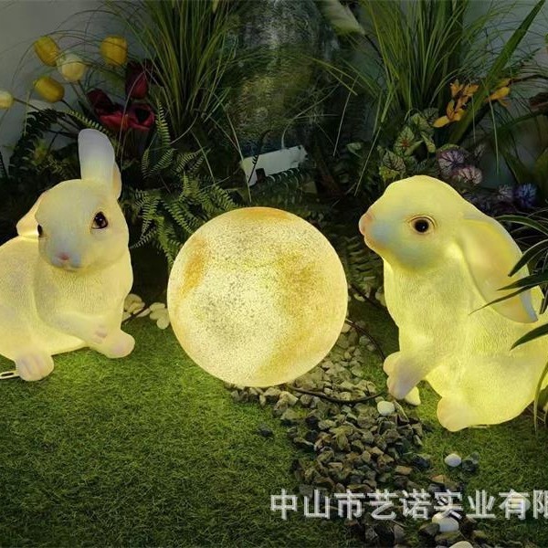 中秋兔子月亮组合发光树脂玻璃钢雕塑大型文旅景观园林兔子小品灯|undefined