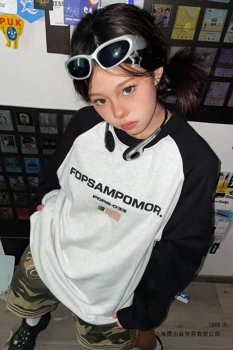 Trendy European and American street style hip-hop plus size color-blocked sweatshirt for women, loose fit, chubby girls, autumn style, raglan sleeves, relaxed boyfriend style, thin.