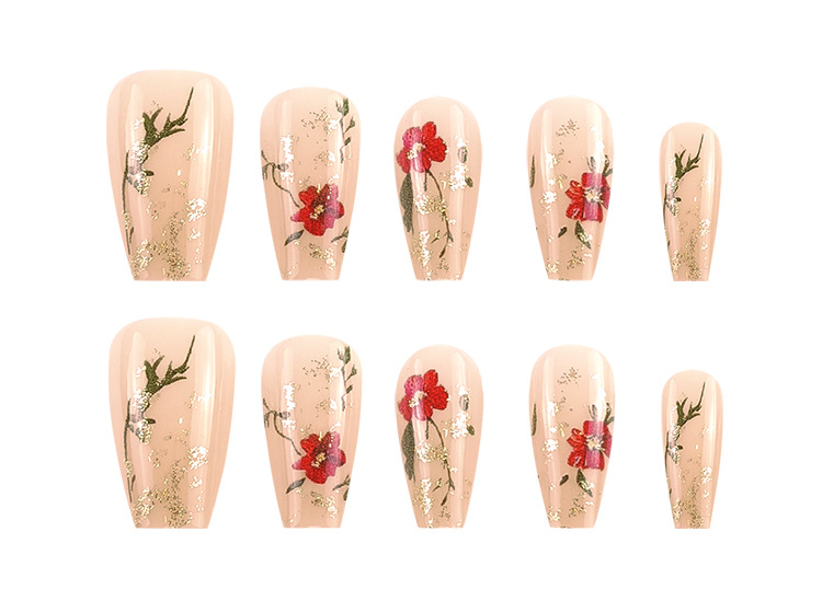 False Nails with Gold, Pink, and Red Glitter