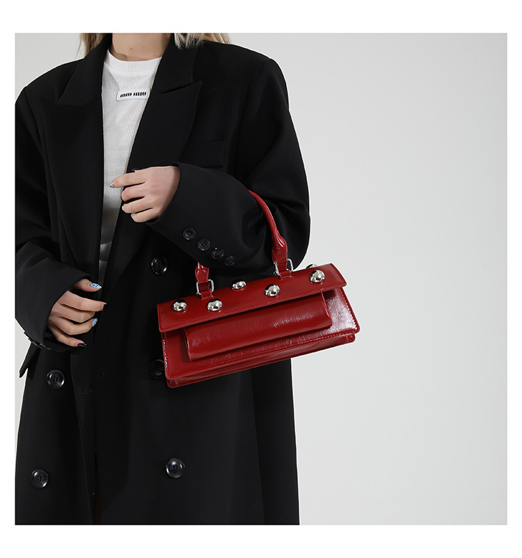 772g Weight Rivet Fashion Element Magnetic Buckle Closure Type Single Shoulder Strap, Top Handle Strap Type Handbag, Crossbody Bag Bags Type Daily Occasion Pu Leather Material Solid Color Pattern All Seasons Season Women's Gender Classic Style Style Square Shape Small Size Women's Small Pu Leather Solid Color Classic Style Rivet Square Magnetic Buckle Handbag Crossbody Bag 5