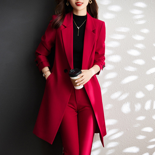 Women's Autumn/Winter Long Windbreaker Coat Professional Set with Long Sleeve Blazer Fashion and Elegance Office Workwear