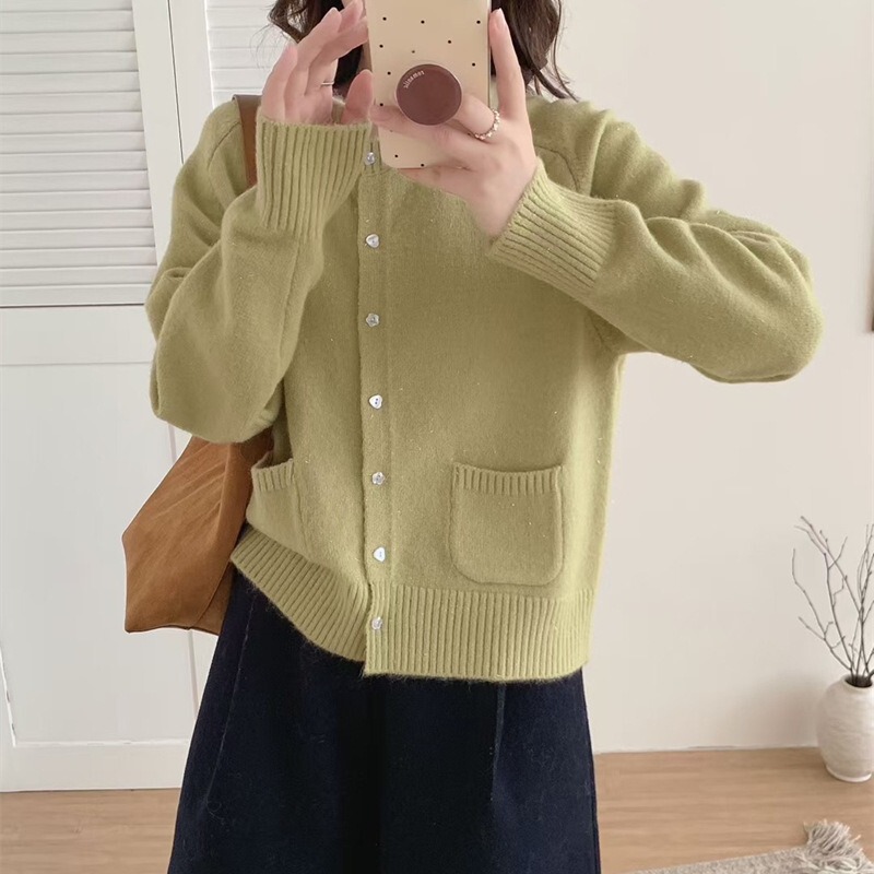 韩系慵懒风2025秋新款圆领针织开衫女宽松纯色软糯百搭毛衣女外套|undefined