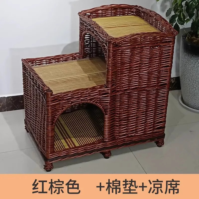 Casa de verano universal de cuatro estaciones de ratana trapezoidal tejida felina de cachorro tejida de sauce de doble capa desmontable y lavable para mascotas