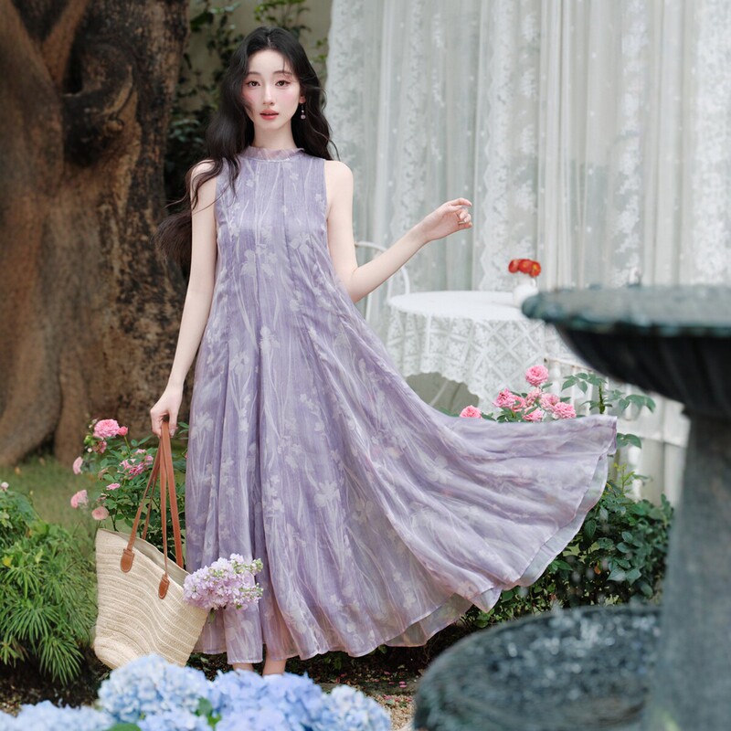 French Resort Style Purple Iris Flower Sleeveless Long Dress for Women 2026 Summer New Style Elegant and Elegant Chiffon Dress