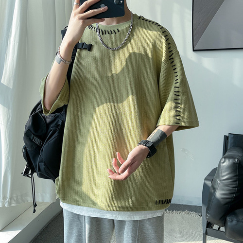 Factory goods directly supplied irregular short-sleeved men's design niche fashion brand personality loose T-shirt ins men's T-shirt front shoulder
