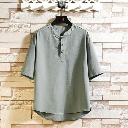 Men's Summer Thin Ice Silk Short Sleeve Shirt with Chinese Knot Button Tangzhuang Top Trend Brand Loose Half Sleeve Collared Shirt