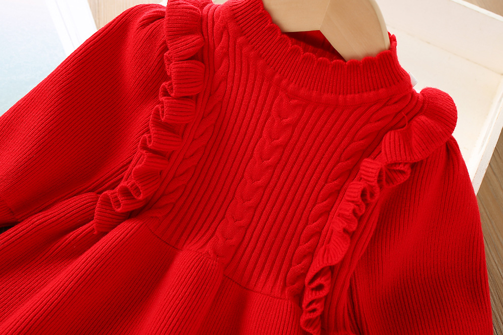 Girls Knitted Dress Autumn Winter Solid Colour Long Sleeve Style_voghion.com
