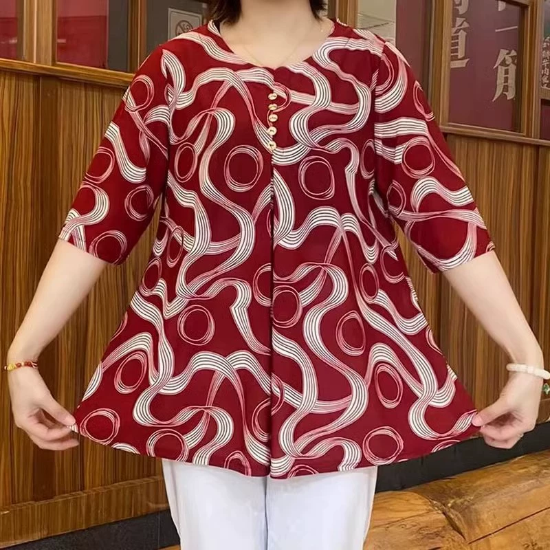 Тонкие свободные топы больших размеров для женщин среднего и пожилого возраста для полных мам, летние футболки с короткими рукавами для среднего возраста, закрывающие живот 5