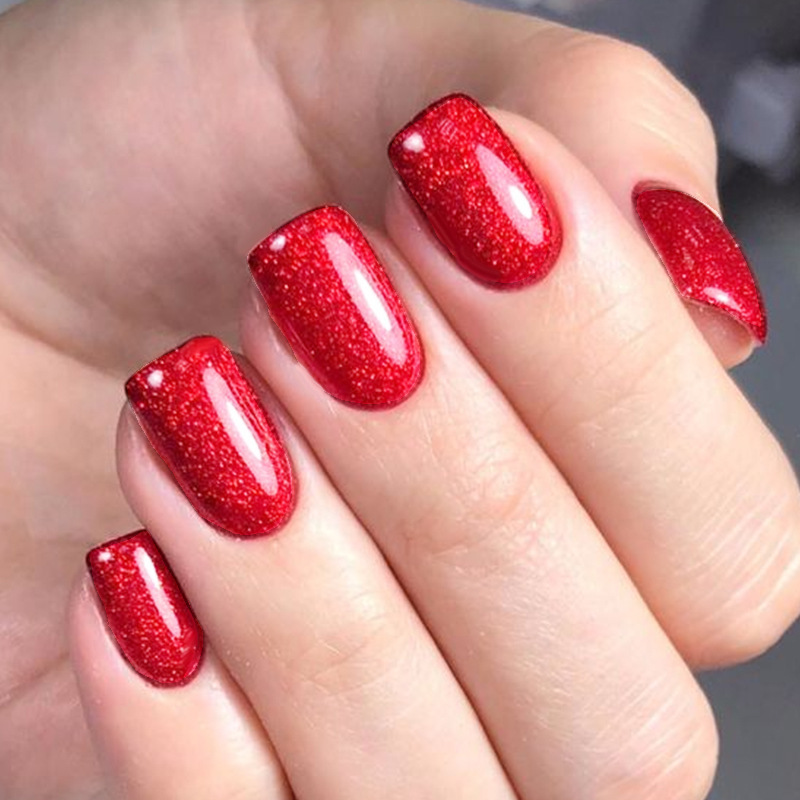 Christmas simple red wear nail mid-length flash shiny nail with glitter pink fake nail nail piece can be Wholesale