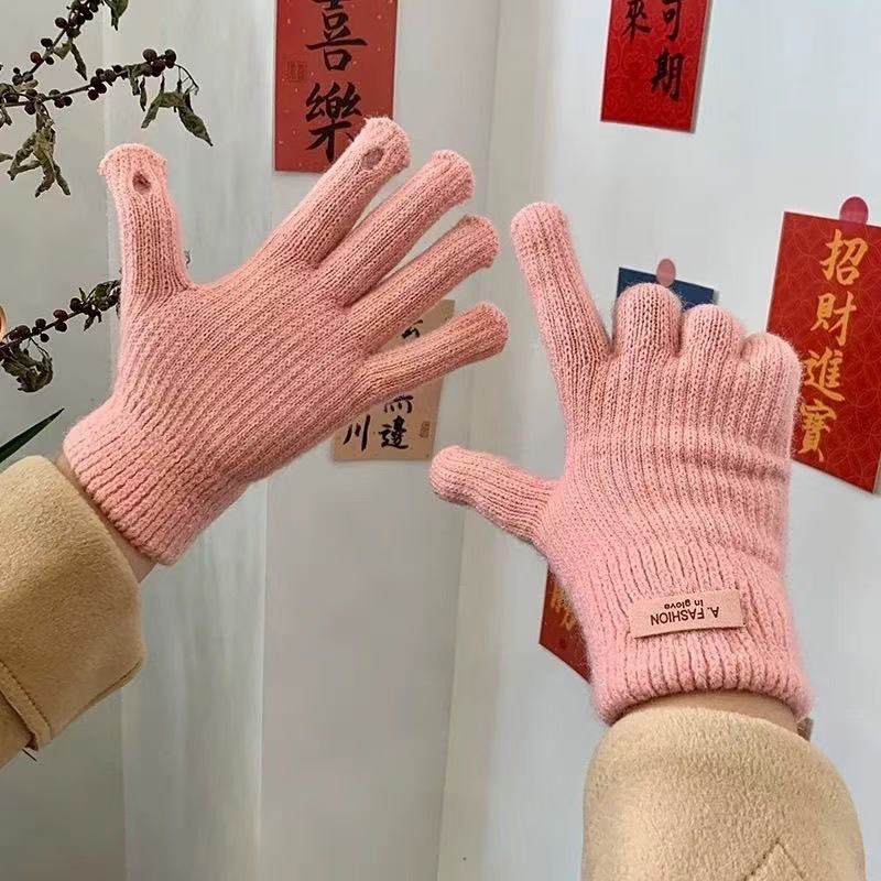 2024新型冬かわいい毛糸手袋女性冬露指タッチパネル自転車保温タッチパネル露出指女性|undefined