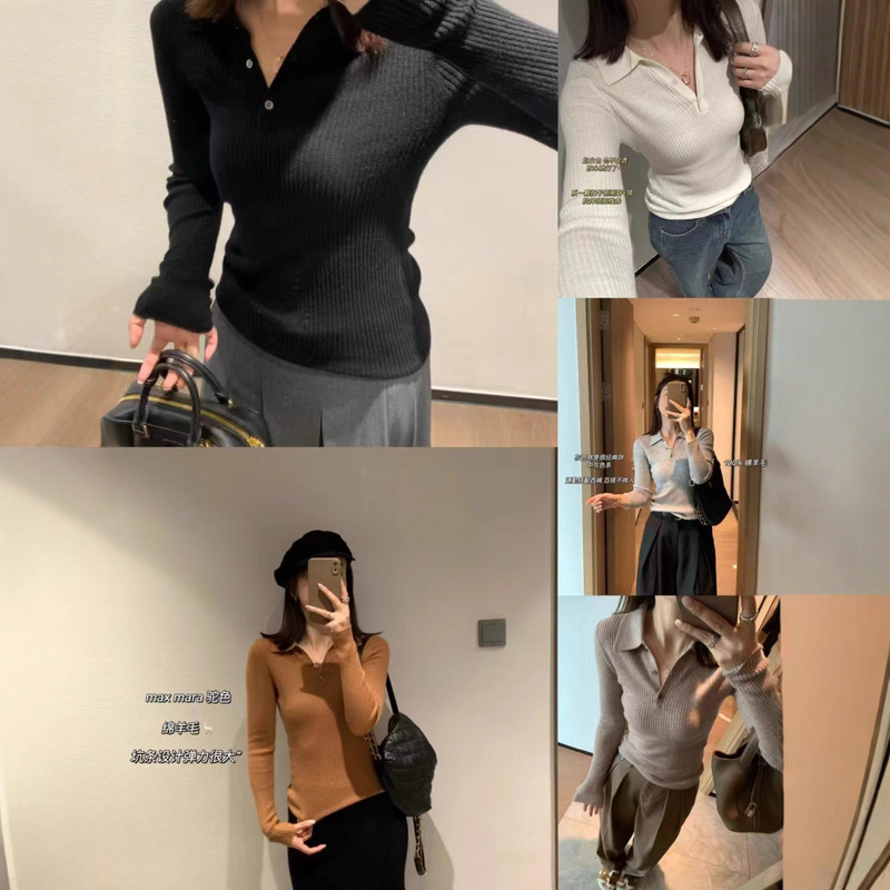 2025 Autumn and Winter New Multi-Color Ribbed Slim-Fit Polo Collar Casual Knit Sweater for Women, Versatile Long-Sleeve