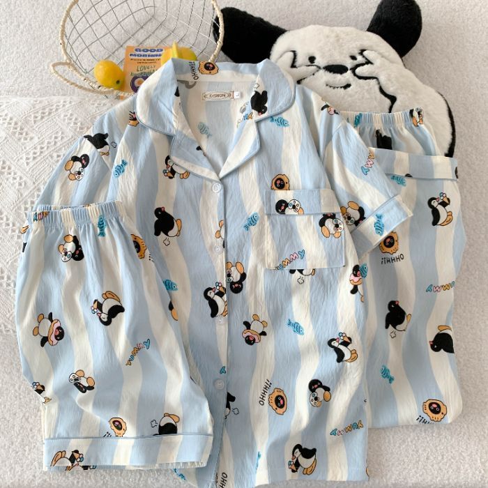 Verano nuevo estilo pijama mujer nube algodón 120g solapa cárdigan pantalones cortos de manga corta pantalones de tres piezas lindo servicio a domicilio