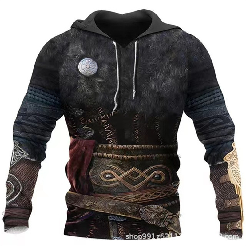 2024 Europa y América Primavera y otoño Moda nuevos hombres Viking Myth Series Cool Armor Print 3D Sudadera con capucha