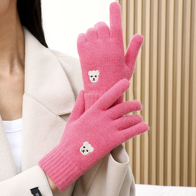 新しい冬の保温かわいいタッチパネルとベルベットの厚い手袋秋冬成人毛銭五本指刺繍露指手袋|undefined