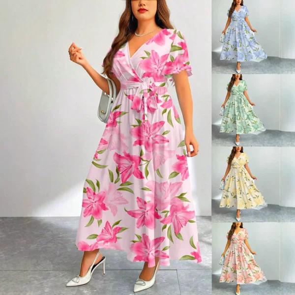 2026 New Foreign Trade V-Neck Printed Tie-Dye Belt Dress Short-Sleeve Casual Loose Dress Women's Summer Fashion