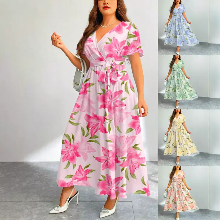 2025年新款外贸V领印花连衣裙休闲度假裙宽松长裙子齐色齐码现货