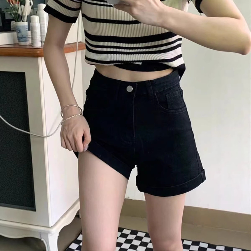 Black Denim Shorts for Women, Summer Thin High-Waisted Elastic Shorts That Cover the Hips and Make the Pear-Shaped Figure Look Slimmer, A-Line Wide-Leg Hot Pants